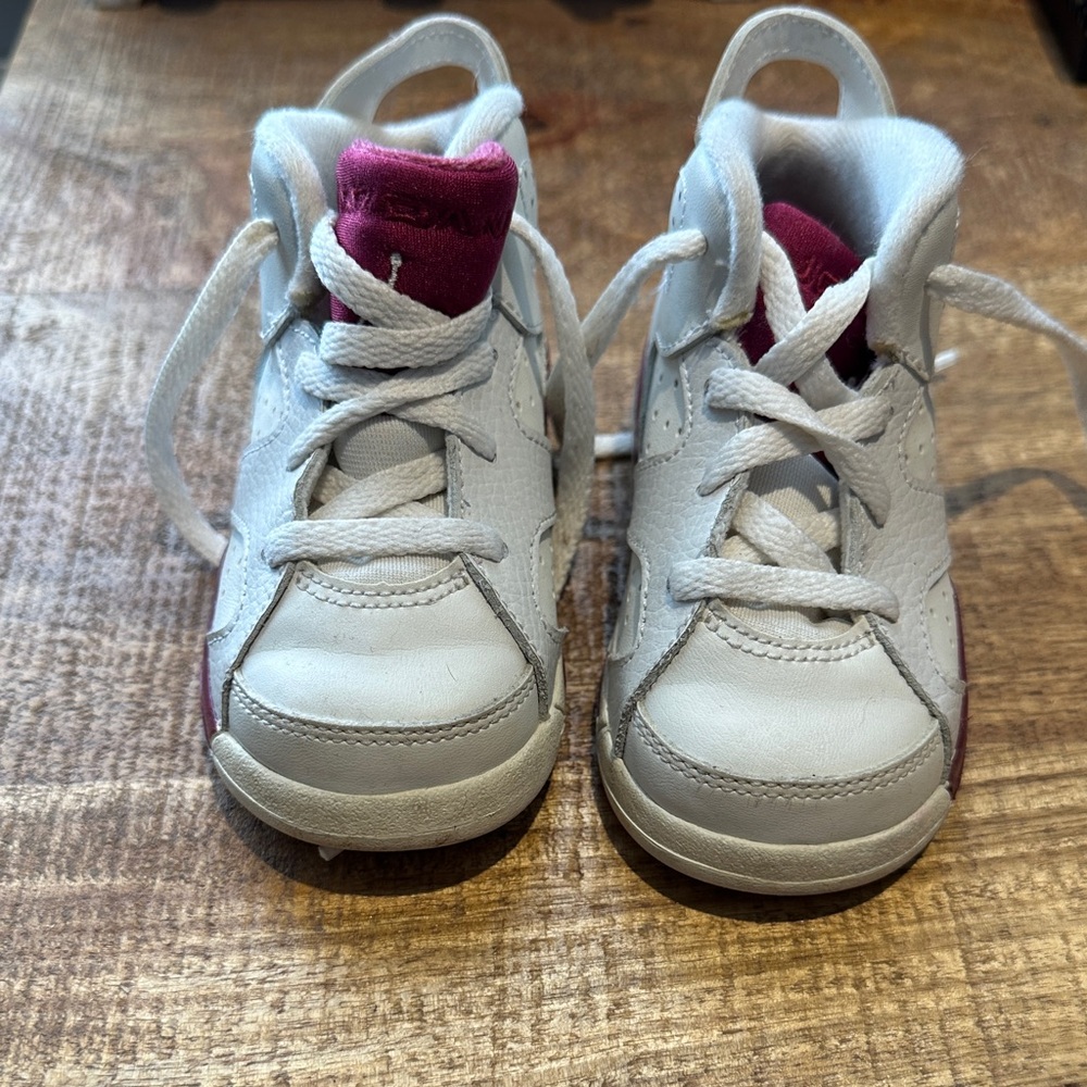 Nike Jordans - Kids White and purple/burgandy High-Top Sneakers
